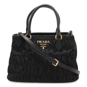 Prada Gathered Handbag 2-Way Shoulder Bag Nylon Leather Gold Hardware Nero Black